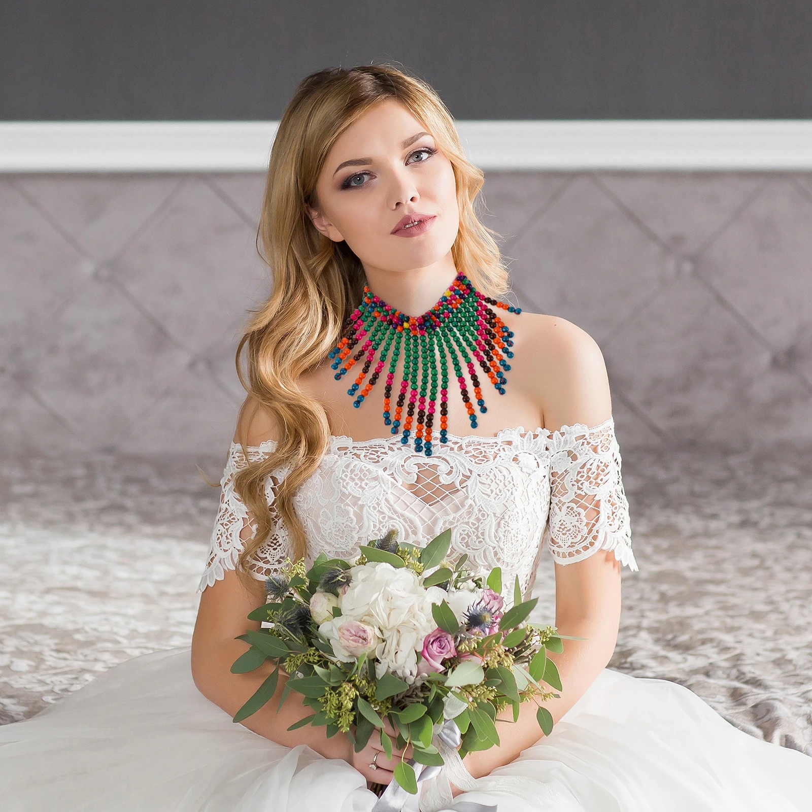 

African Wood Bead Necklace Handmade Colorful Triangle Scarf Tassel Bohemian Style Lightweight Jewelry for Travel