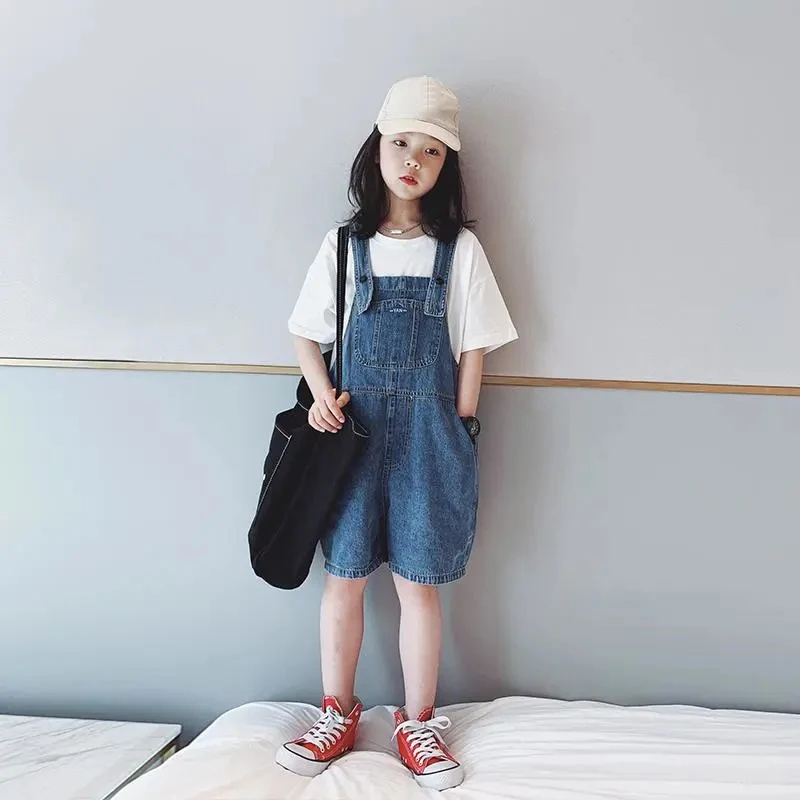 Retro Style Five-point Denim Overalls Shorts Summer Thin Children's Wide-leg Shorts Simple Girls' One-piece Overalls Shorts