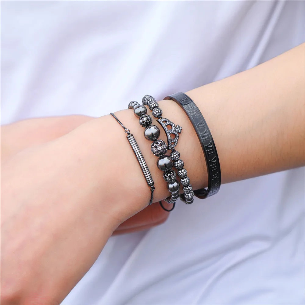 4PCS/Lot Retro Golden Black Bracelet Fashion Zircon Pave CZ Crown Ball Roman Numerals Bracelets For Women&Men Cassical Jewelry