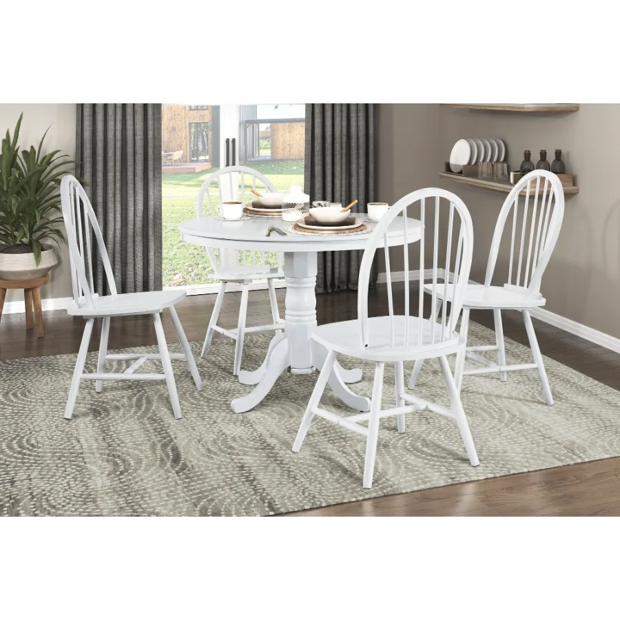 

White Finish 5pc Round Dining Table Set with 4 Windsor Chairs Farmhouse Style Wooden Furniture Casual Dining Kitchen Breakfast