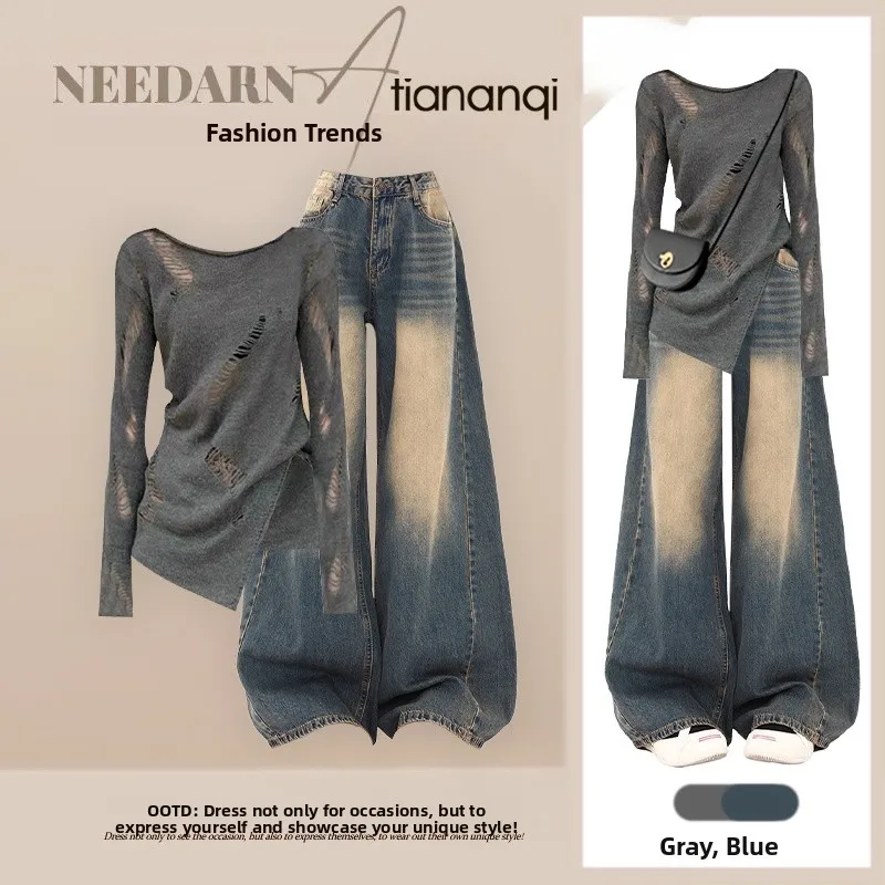 

Slimming Faionable Autumn Collection Long Sve Top And Jeans Two Piece Set for Women Casual Wear Comfortable Cotton Blend