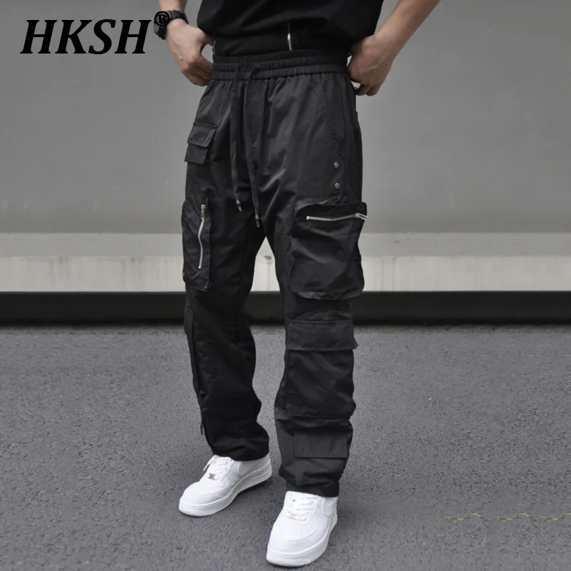 

HKSH Summer New Casual Cargo Pants Zipper Multiple Pockets Tactical Straight Workwear Men's Tide Ins Dark Style Overalls HK1645