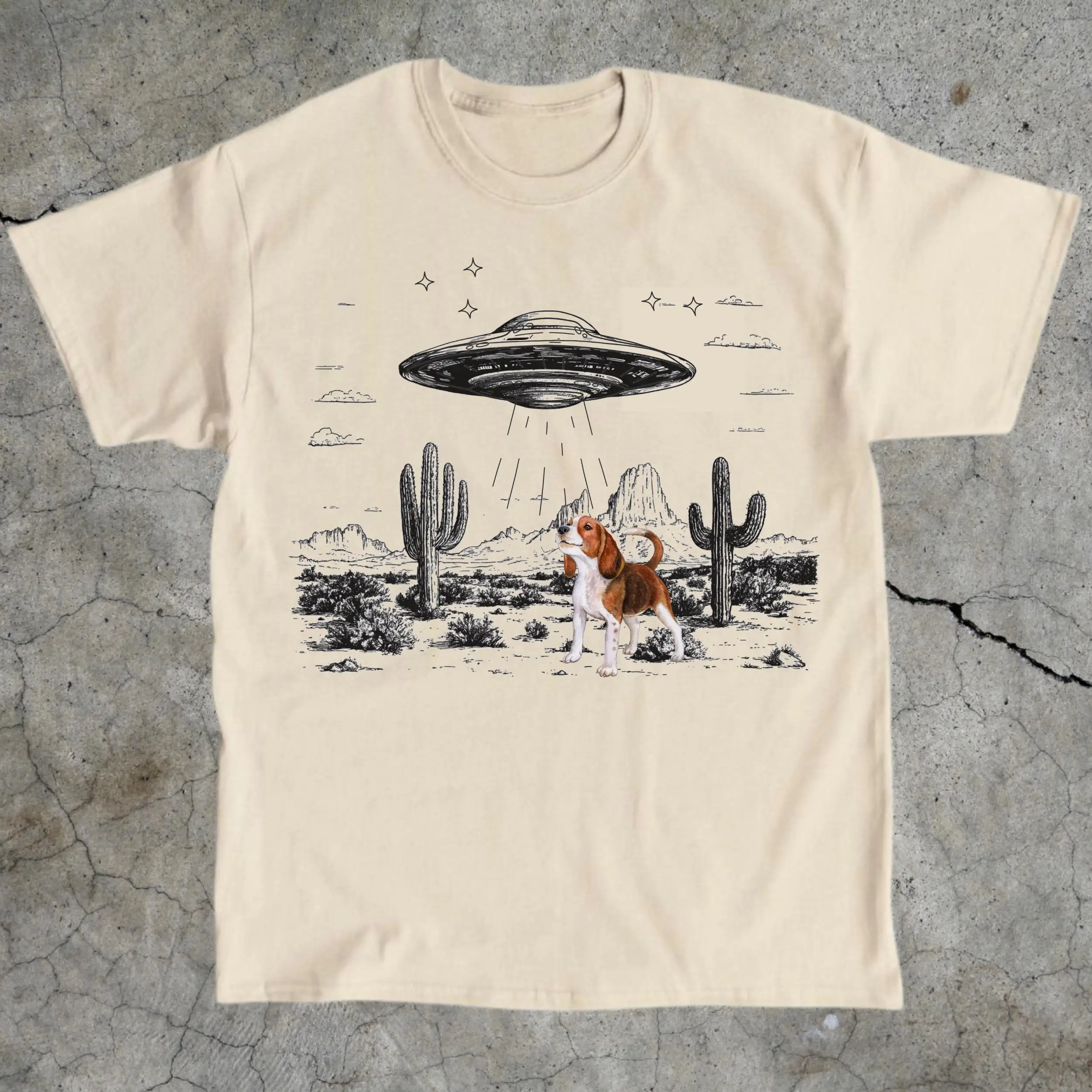 Alien Abduction Dog Heavy Cotton T Shirt Fun for UFO Lovers Casual Wear Unique Sci Fi Western