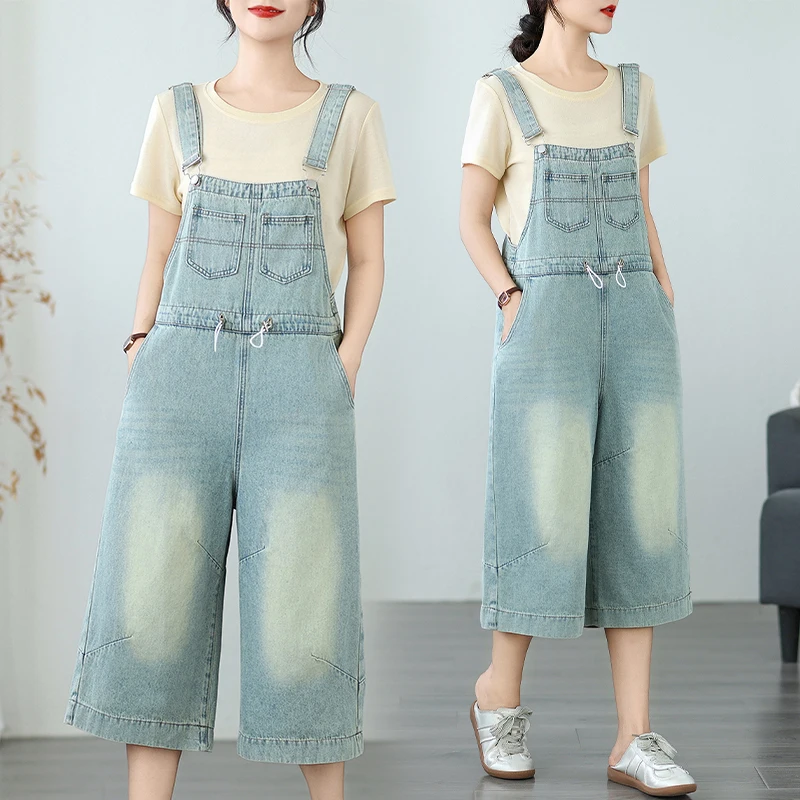 Slimming Effect Loose Large Size Seven Inch Casual Overalls Women's Jeans Cotton Thin Material Light Washed Denim Overalls