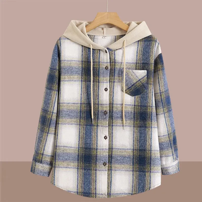 Casual Hooded Jacket for Women Spring and Autumn Hair Plaid Shirt Top Middle-aged Mother Spring Clothes Loose Large Size