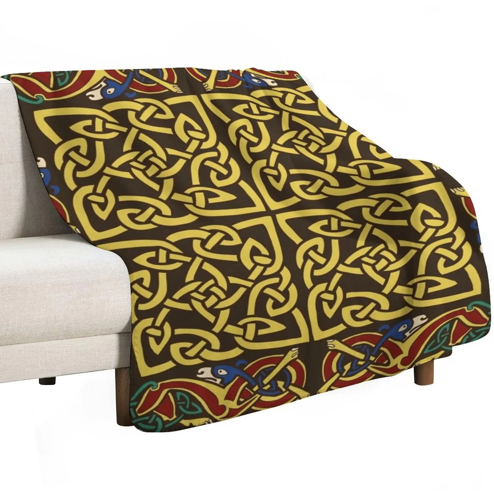 Gold Knotwork Squares and Hounds Border Throw Blanket Picnic blankets ands Cute Comforter Polar Bed Blankets