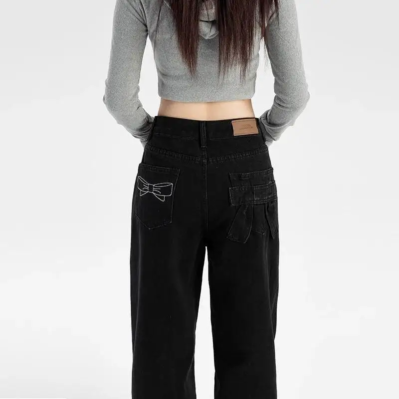 Damskie jeansy z szerokimi nogawkami, małe rozmiary, czarne, wąskie, nowe, na wiosnę, jesień i zimę, spodnie do ziemi, retro, luźne, koreańskie, proste.