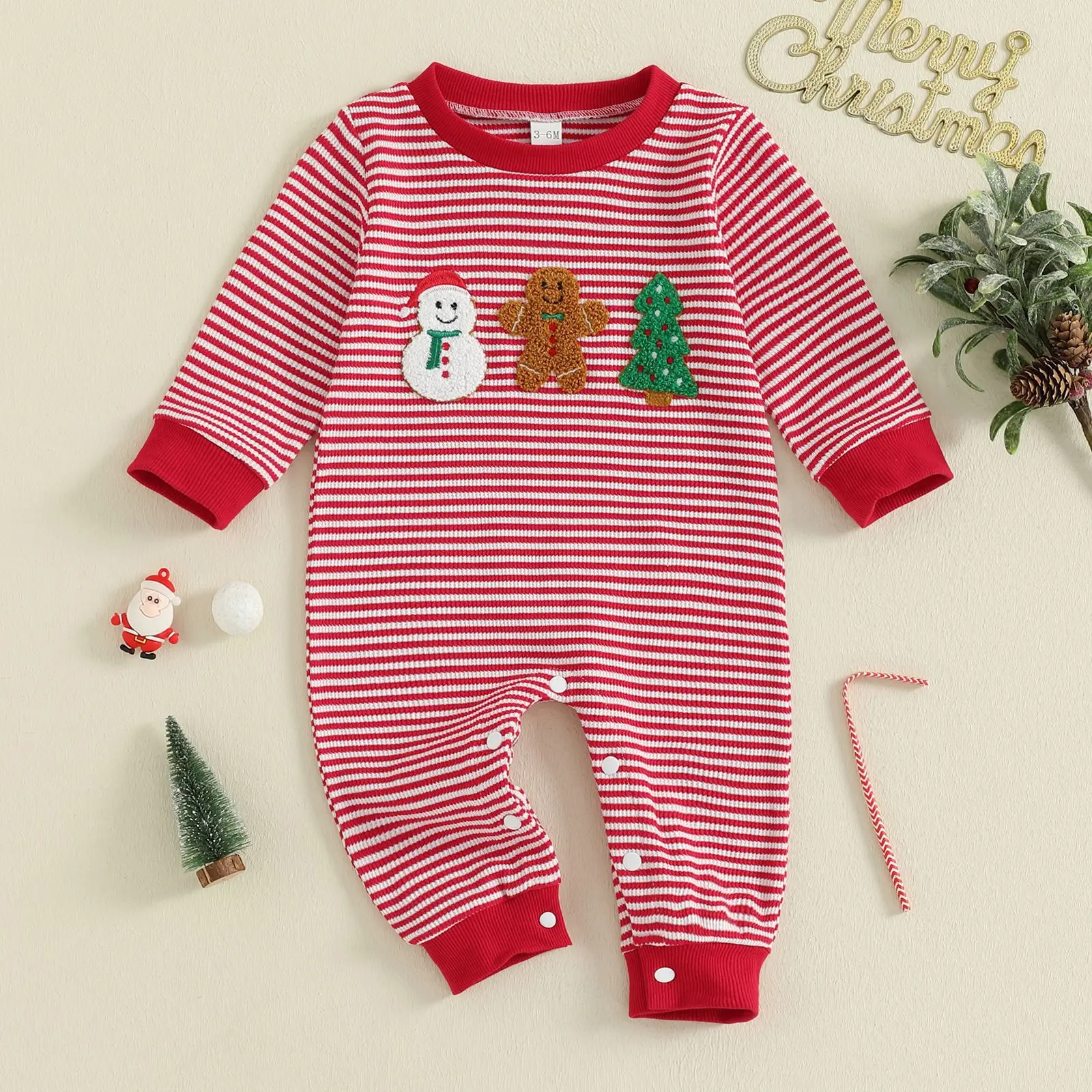 Cross Border Autumn and Winter Baby Outdoor Clothes, Christmas Snowman Striped Round Neck Long Sleeved Jumpsuit Clothes