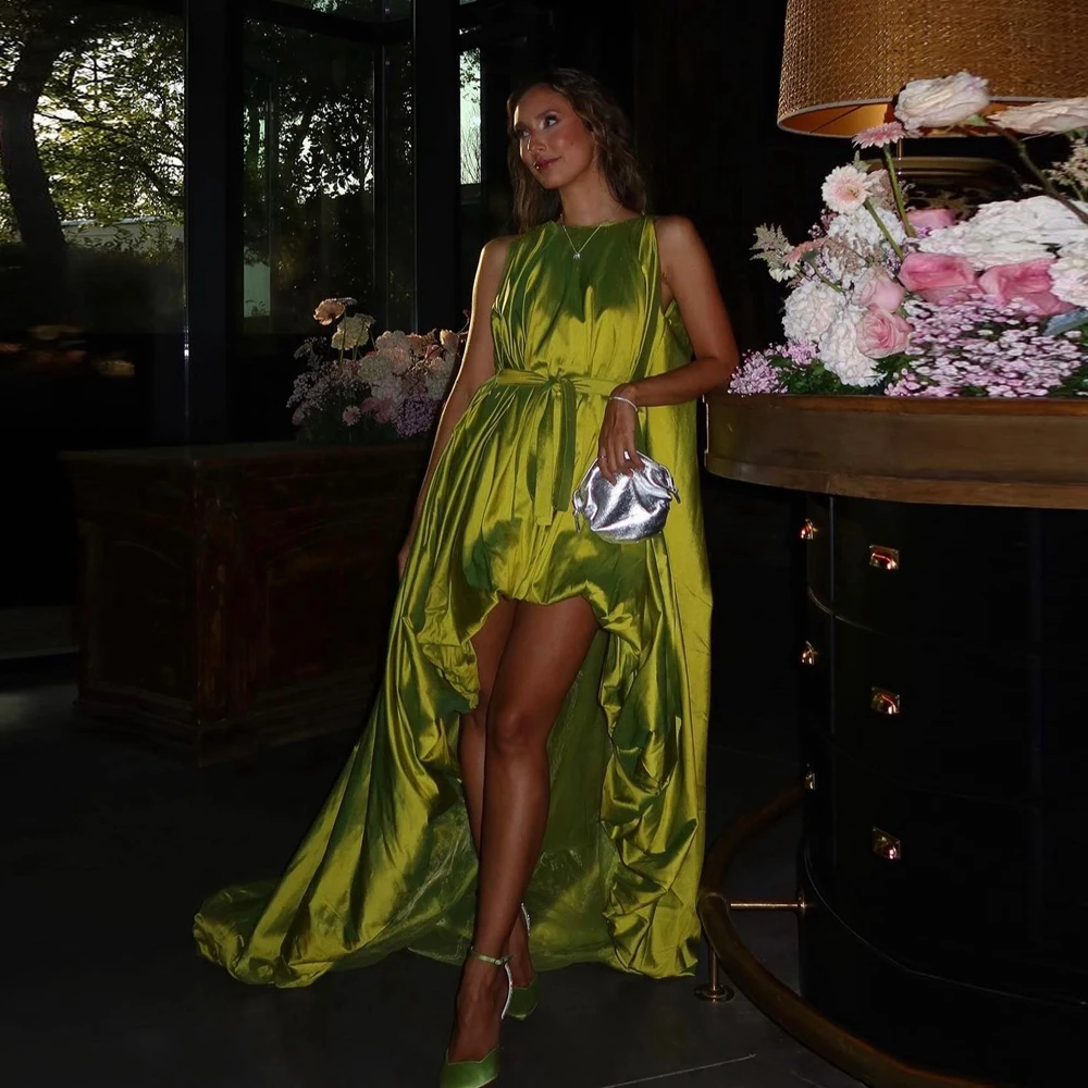 

Unique High Low Satin Prom Dresses Puffy Ruffles Draped A Line Formal Party Dress Elegant Sleeveless Taffeta Evening Gowns