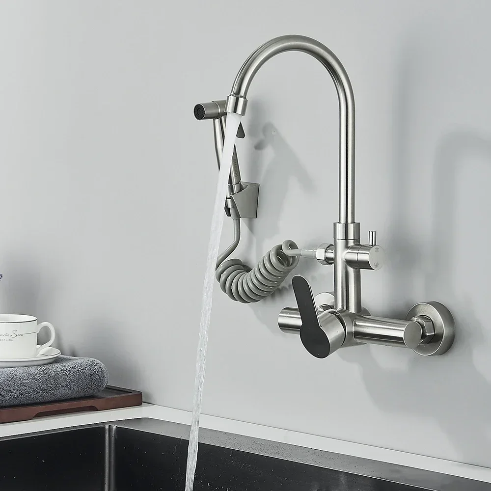 Kitchen Faucet with Spray Gun Wall Mounted Hot Cold Water Mixer Tap Rotatable Faucets Dual Water Mode No Dead Corner Cleaning