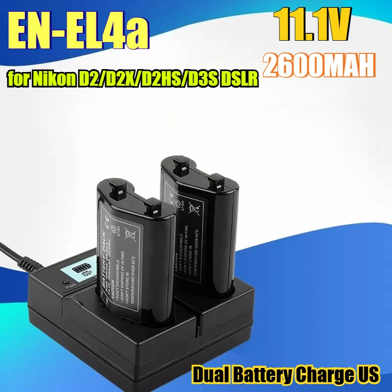 2600mAh EN-EL4a/EN-EL4 Dual Battery Charger for Nikon D2/D2X/D2HS/D3S DSLR - Fast Charging 2PCS Batteries Simultaneously