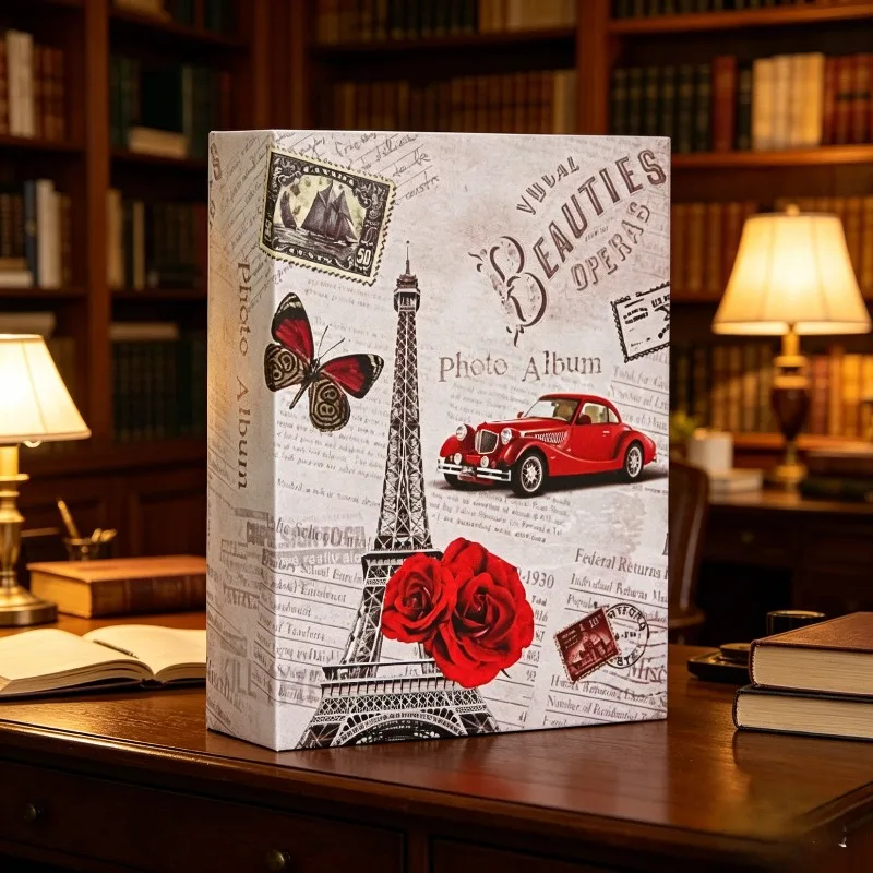 Mini Photo Album Book, Insert Type Eiffel Tower Retro Style, Holds 100 Pcs 6-inch Photos, Ideal for Wedding, Family Anniversary