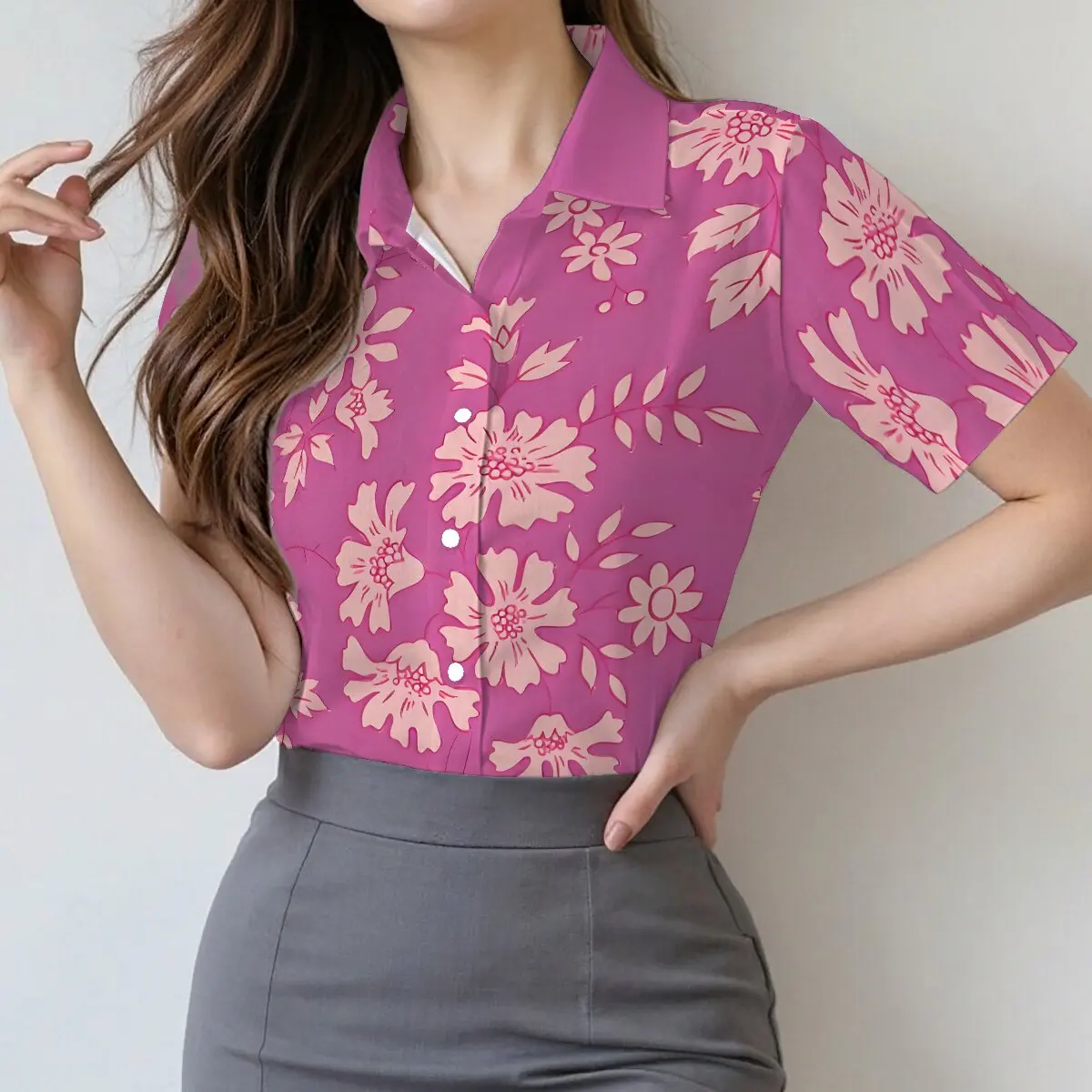 

Korean-style fresh and cute short-sleeved shirt with all-over floral print design, perfect for everyday summer wear