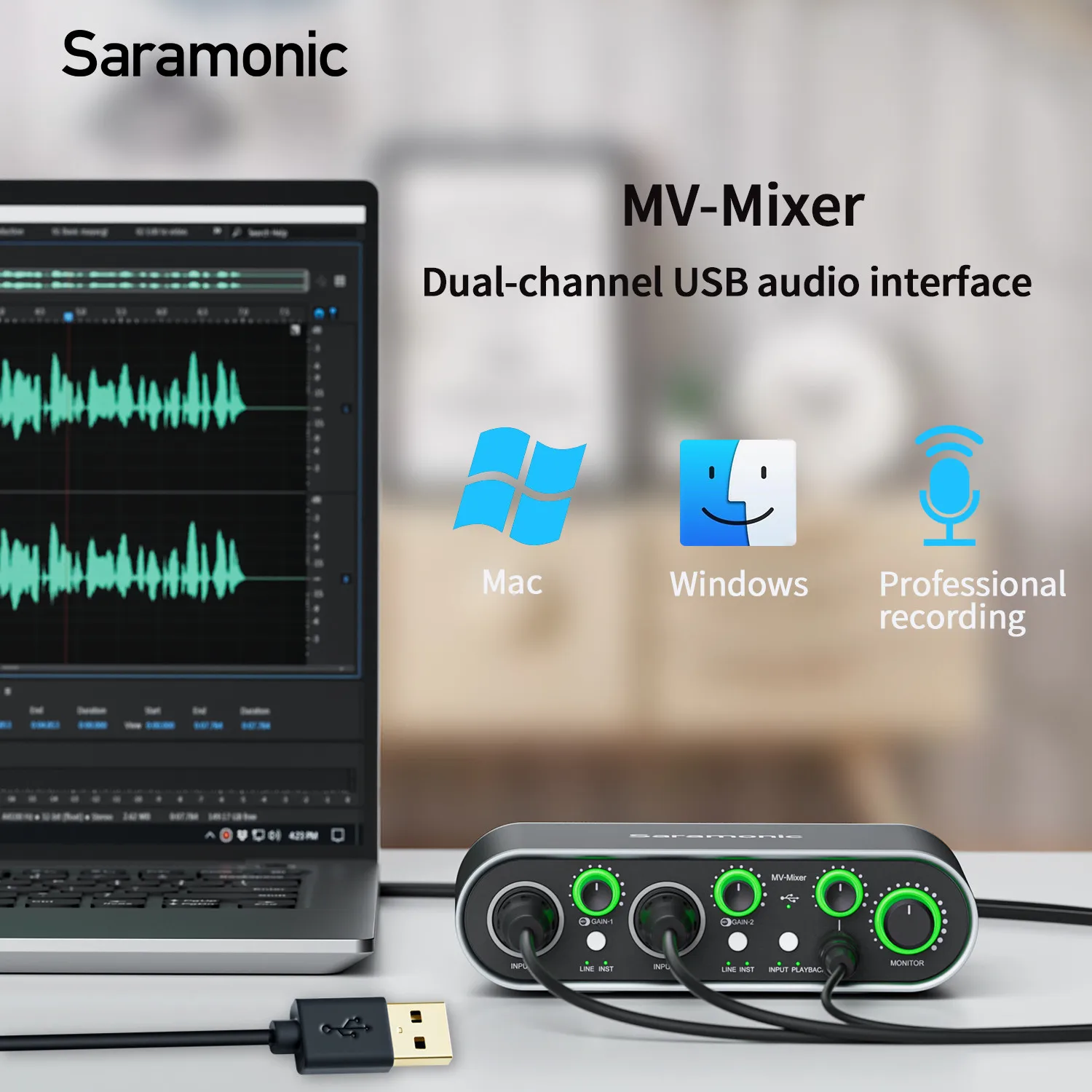 Dual-Channel USB Microphone Audio Interface for Singers Guitarists Musicians Podcasters Producers Streaming Saramonic MV-Mixer