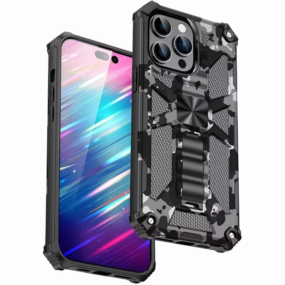 Luxury camo military armored shock-proof case for iPhone 11 12 13 14 15 Pro Max Xs XR SE 2022 8 7 Plus hidden stand cover