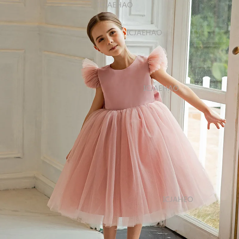 2026 Kids Girls First Birthday Tulle Princess Dress Children Party Flower Gir Host Piano Formal Pageant Gown Fly Sleeve Costume