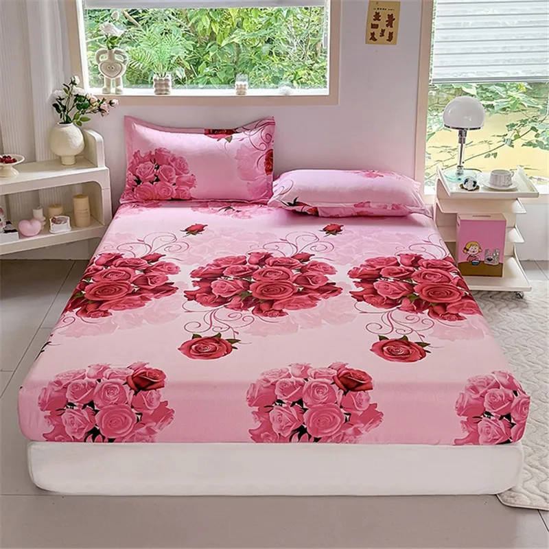 American Style, Romantic Pink Rose Floral Print, Stretch and Anti-slip Sweet Bedspread Cover, Single Person, Double Large Size