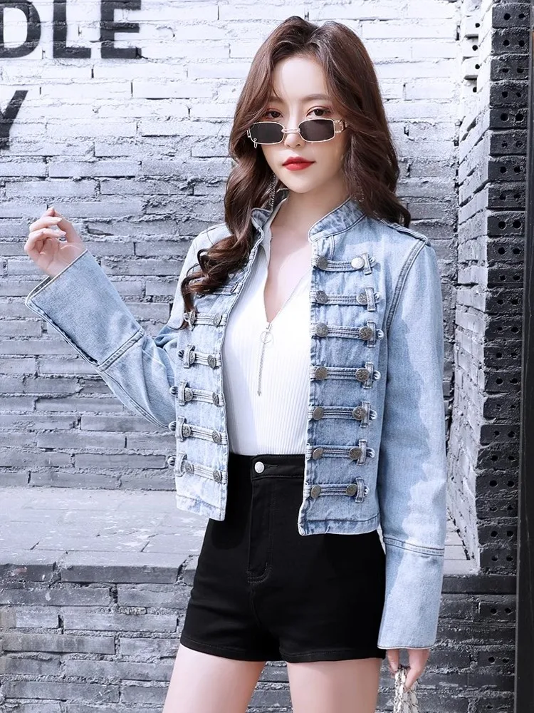 Vintage Women Double Breasted Stand Collar Denim Jacket Spring Autumn Casual Outwear Coat Slim Fit Court Style Short Jackets