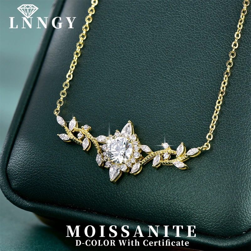 Lnngy Certificated Moissanite Necklace 14K Gold Filled Sophisticated Floral Leaf Pendant Necklaces for Women Wedding Jewelry