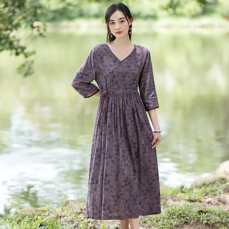 

Women Casual Long Dress New Arrival 2024 Autumn Vintage Style V-neck Floral Print Loose Female Elegant A-line Dresses B3956