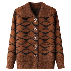 Middle-aged Women Printing Knitted Sweaters Spring Autumn Loose Knit Cardigan Women's clothing Single Breasted Cardigan Sweater