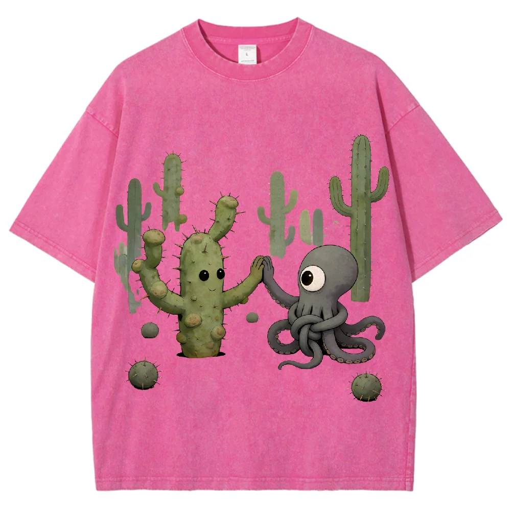 선인장 & 문어 패턴 티셔츠 오버사이즈 반팔 유니섹스 티셔츠 코튼 핏 캐주얼 아웃도어 웨어 베이직 프레시 디자인 2025