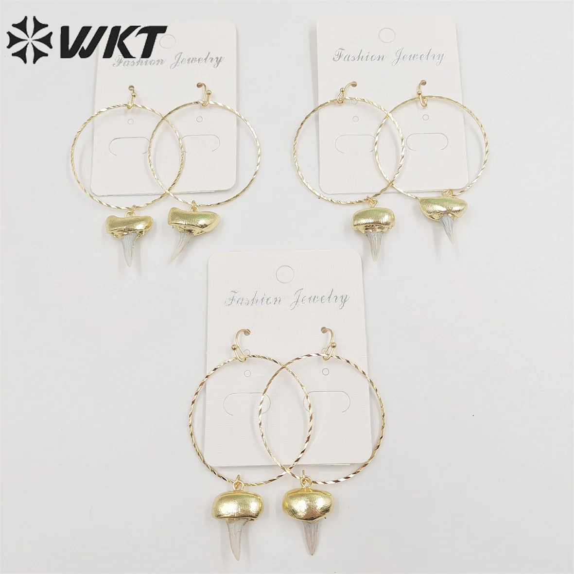 

WKT-E676 Fashion gold plated Specimen Teeth earrings women unique Big hoop dangle shark tooth earrings