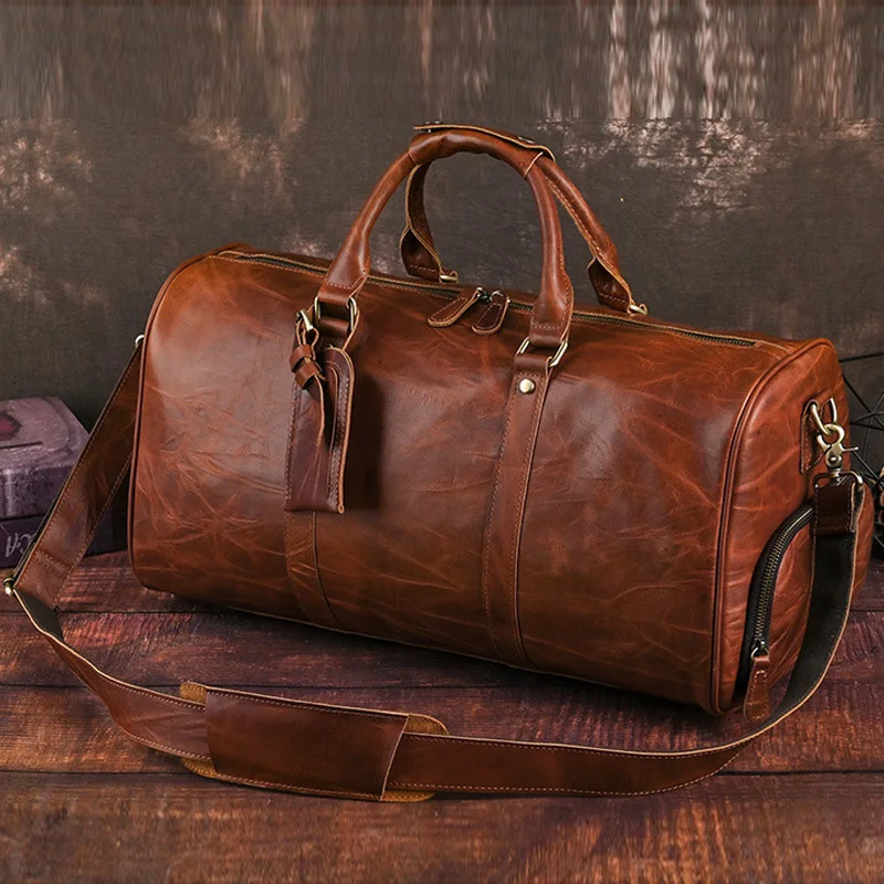 Genuine Leather Cowhide Travel Duffle Bag Men Weekender Overnight Bag Crossbody Shoulder Totes Portable Carry On Luggage Handbag