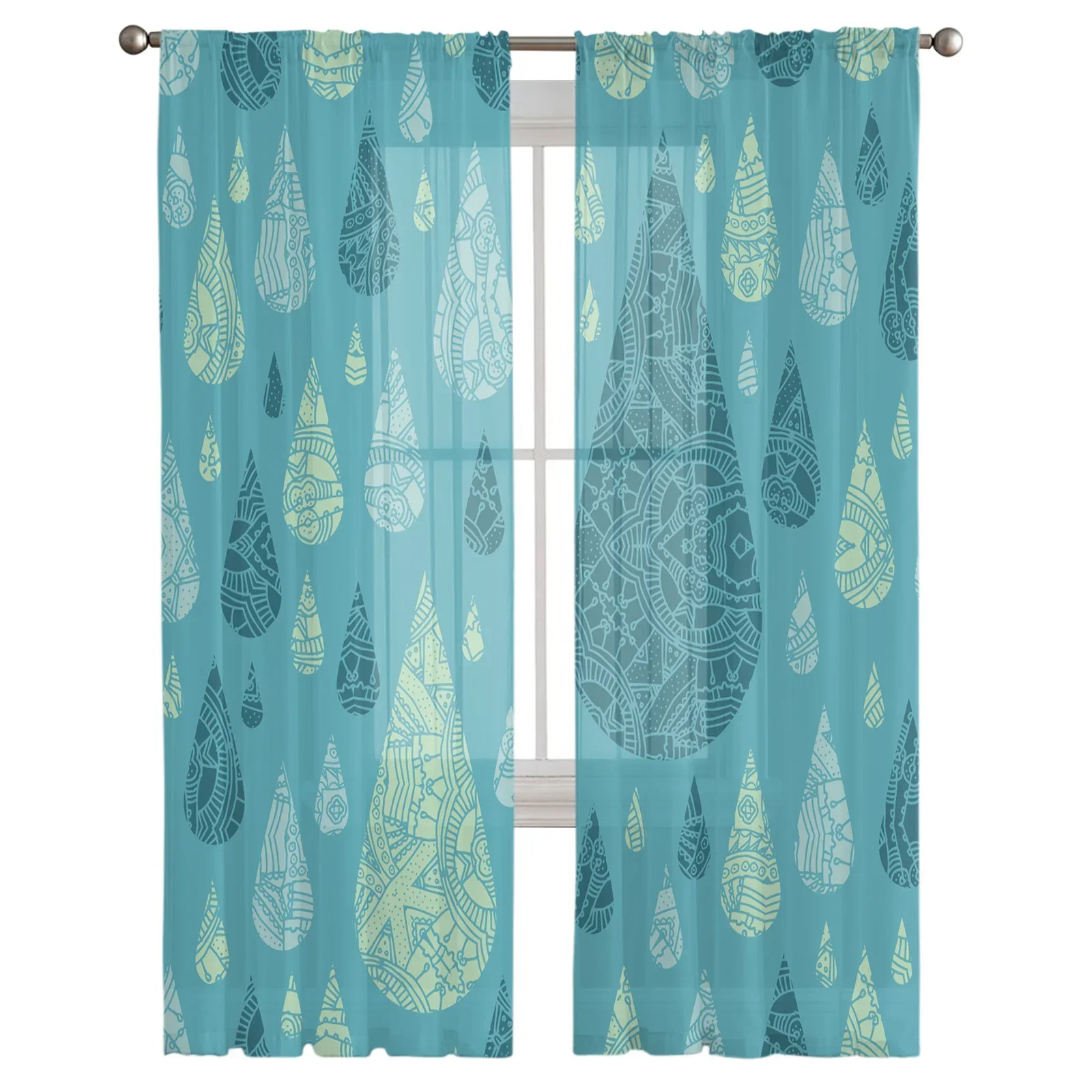 Bohemian Style Raindrops Tulle Curtains for Living Room Bedroom Sheer Voile Drapes Modern Printed Design Sheer Curtains