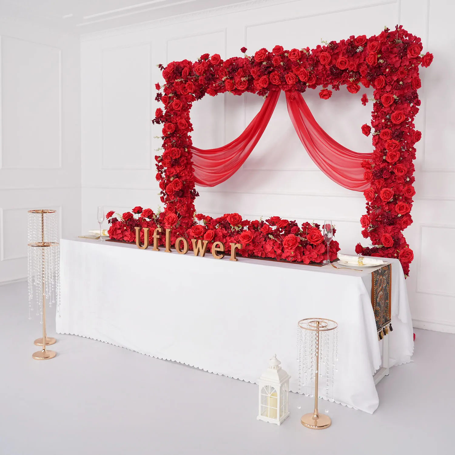 

Uflower Luxury 3D Red Rose Flower Row Wedding Backdrop Arch Decor Floor Flower Table Centerpiece Flower Arrangement Event Props