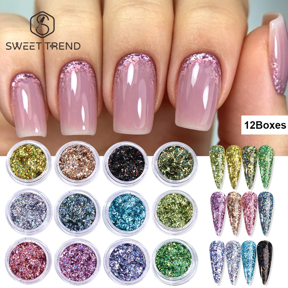 SWEET TREND-12 Boxes Irregular Nail Glitter Sequins Laser Broken Flakes Palliette Shiny Party Slices Spangles DIY Manicure Decor