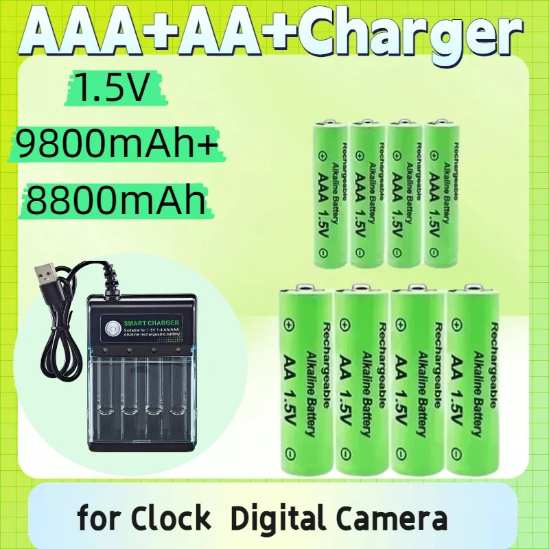 Original Rechargeable Battery 1.5V AA 9800mAh+AAA 8800mAh+Charger for Computer Clock Radio Video Game Digital Camera AA AAA