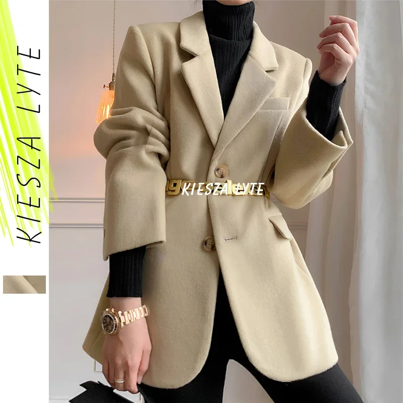 2024 Autumn Woman\'s Suit Jacket Khaki Woolen Tickened Notched Blazer Jackets Female Fashion Ladies High Quality