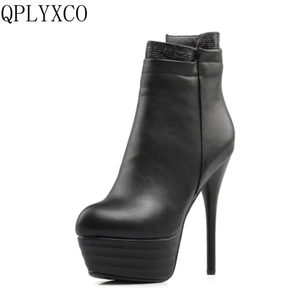 QPLYXCO 2017 New Sale Big Small Size 31-46 Ankle Short Boot Winter Sexy Women Round Toe High Heels(14cm) Wedding Party Shoes 559