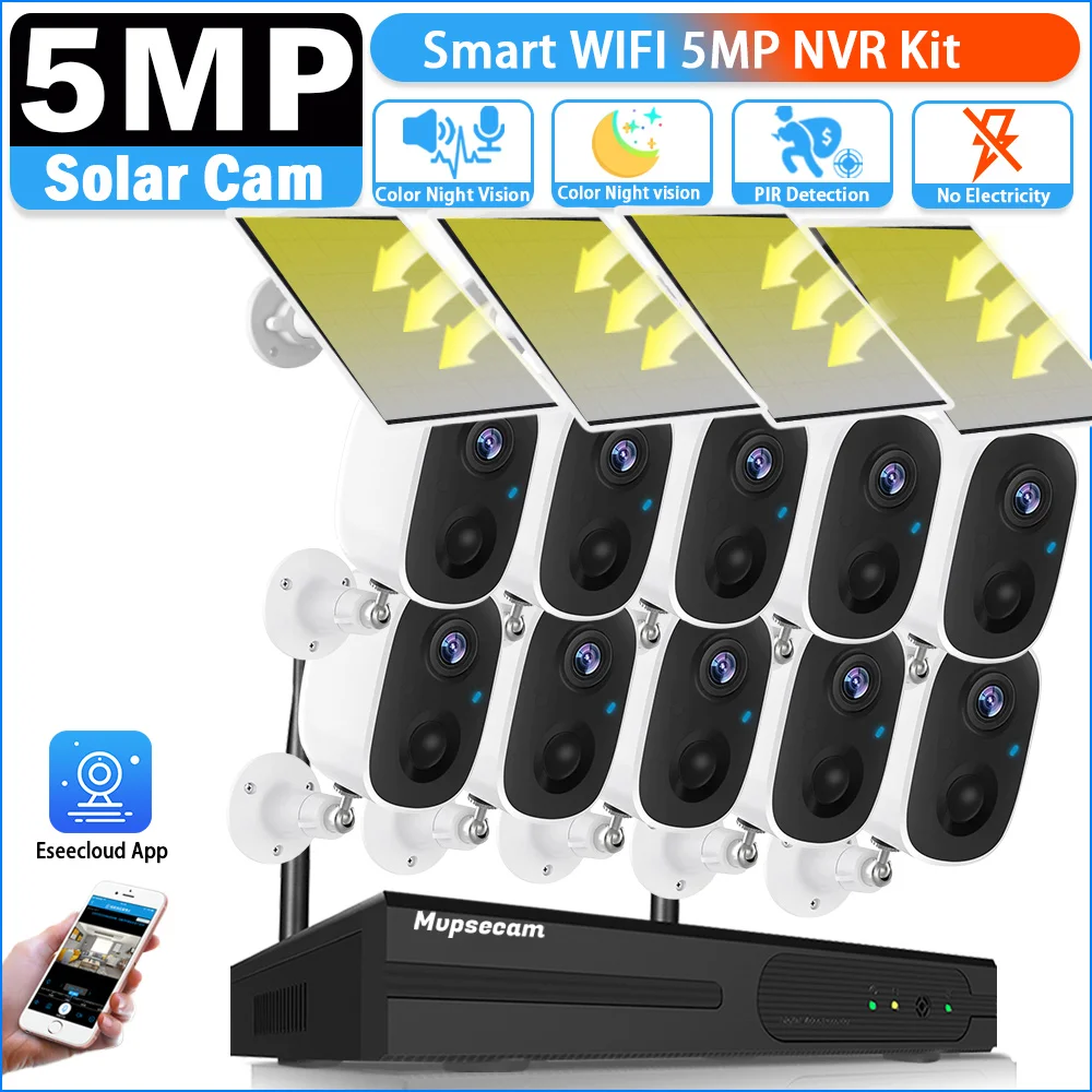 5MP Solar Battery 10CH Security Wireless CCTV Cameras System Remote Monitoring Wifi NVR Kit P2P IP Bullet Camera System Set 8CH