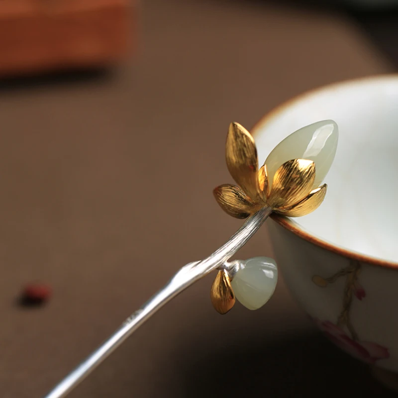 جديد الطبيعية Hetian اليشم لوتس دبوس الشعر تيارا السيدات الشعر مجوهرات الرجعية أنيقة النمط الصيني hanfu اكسسوارات هدية الزفاف #2