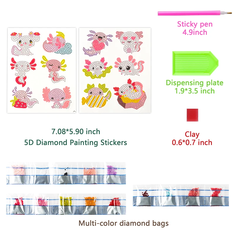 12Pcs Axolotl 5D DIY Diamond Painting Kits for Kids Art Craft Mosaic Sticker Digital Damond Painting Gifts Clothes Accessories