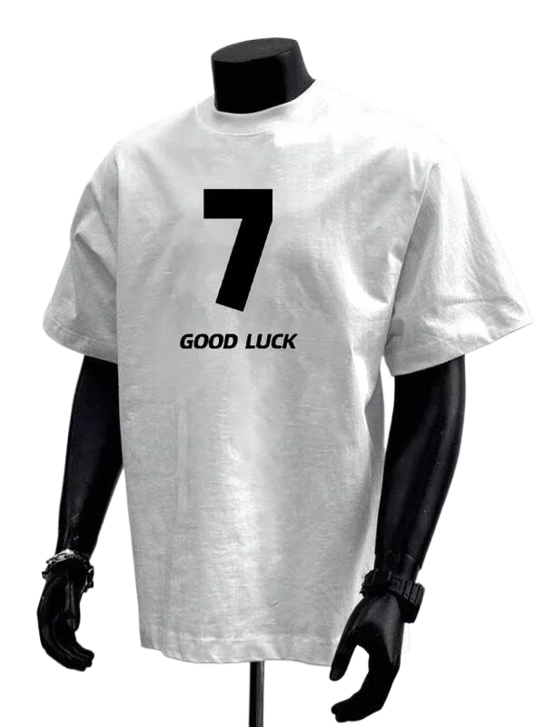 Men Oversized Short Sleeve T Shirt Number 7 GOOD LUCK Print Loose Casual Streetwear Cotton Tees Tops S-3XL