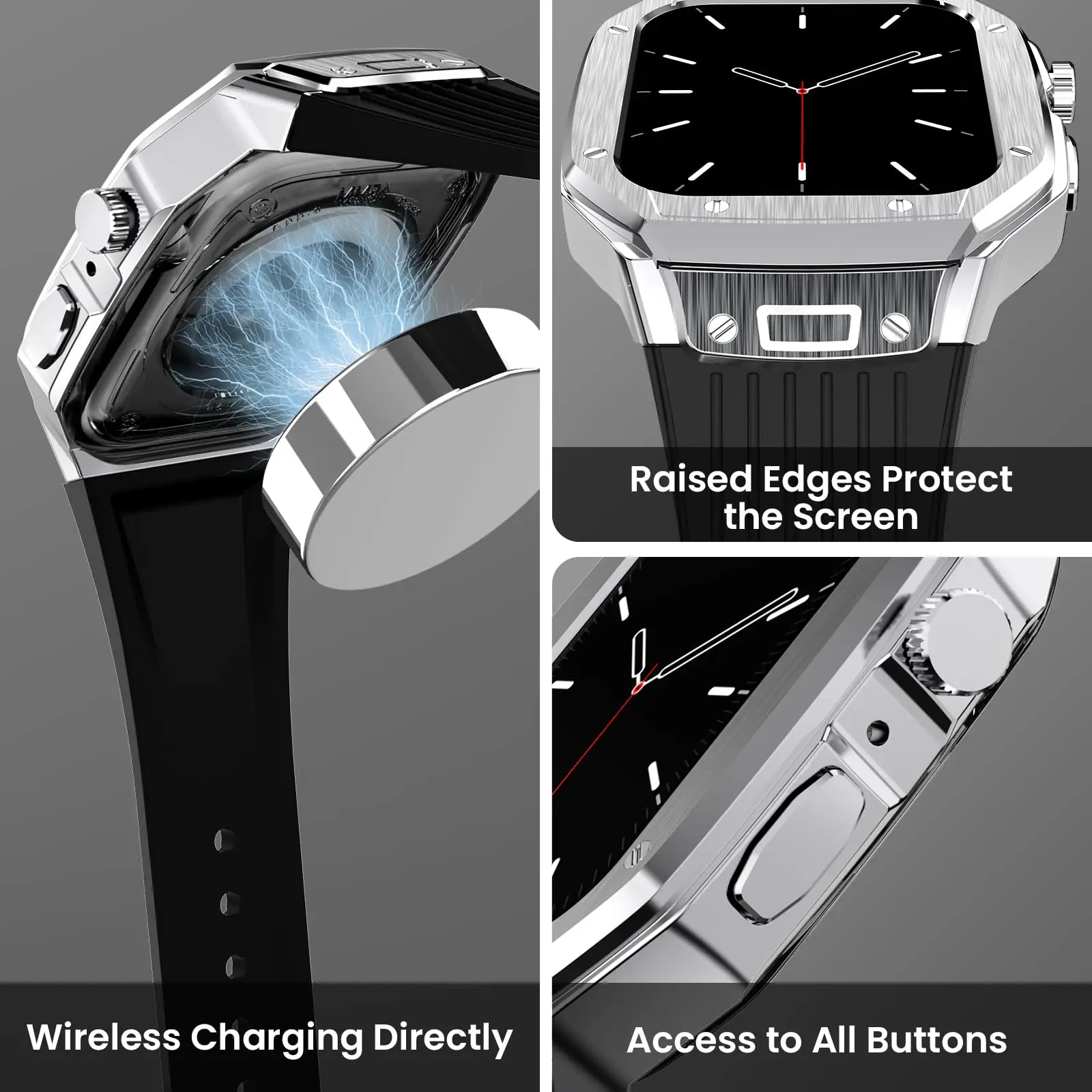 Metal Case + TPU Strap for Apple Watch 45mm 44mm Stainless Steel Buckle Band for iWatch Series 9 8 7 6 5 4 DIY Modification kit