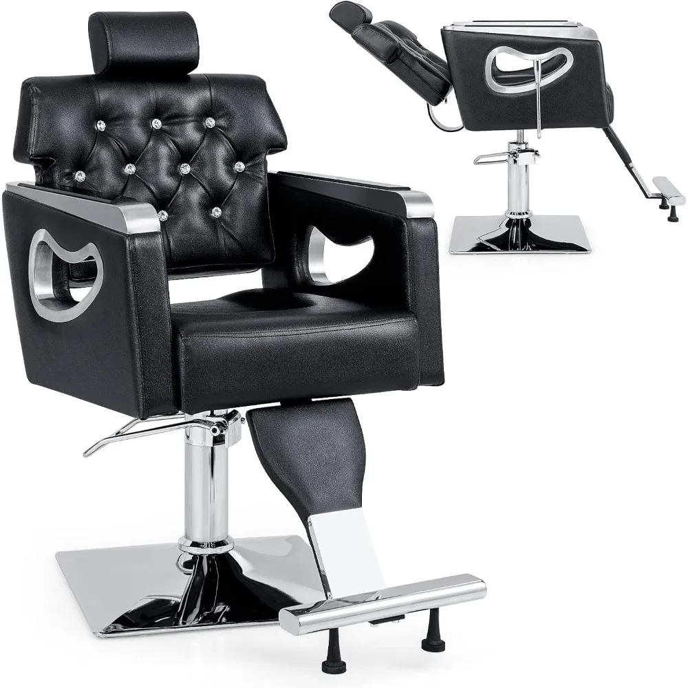 Reclining Barber Chair, Salon Chair  Heavy Hydraulic Pump, Adjustable Height,360° Swivel, PVC Leather Padded Hair Styling Chair