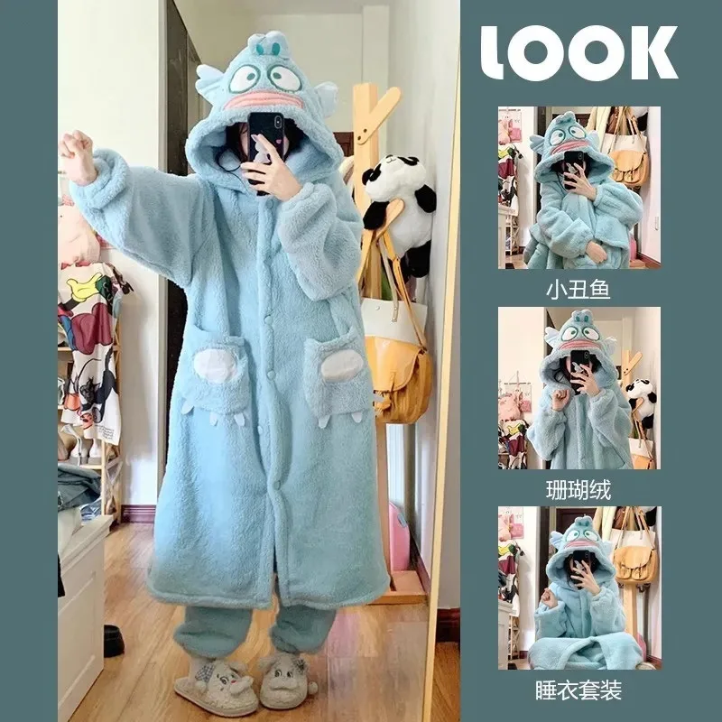 

Пижама с изображением рыбы-клоуна для девочек, осенне-зимняя утолщенная пижама из кораллового флиса, милый фланелевой комплект домашней одежды с героями мультфильмов «Hello Kitty»