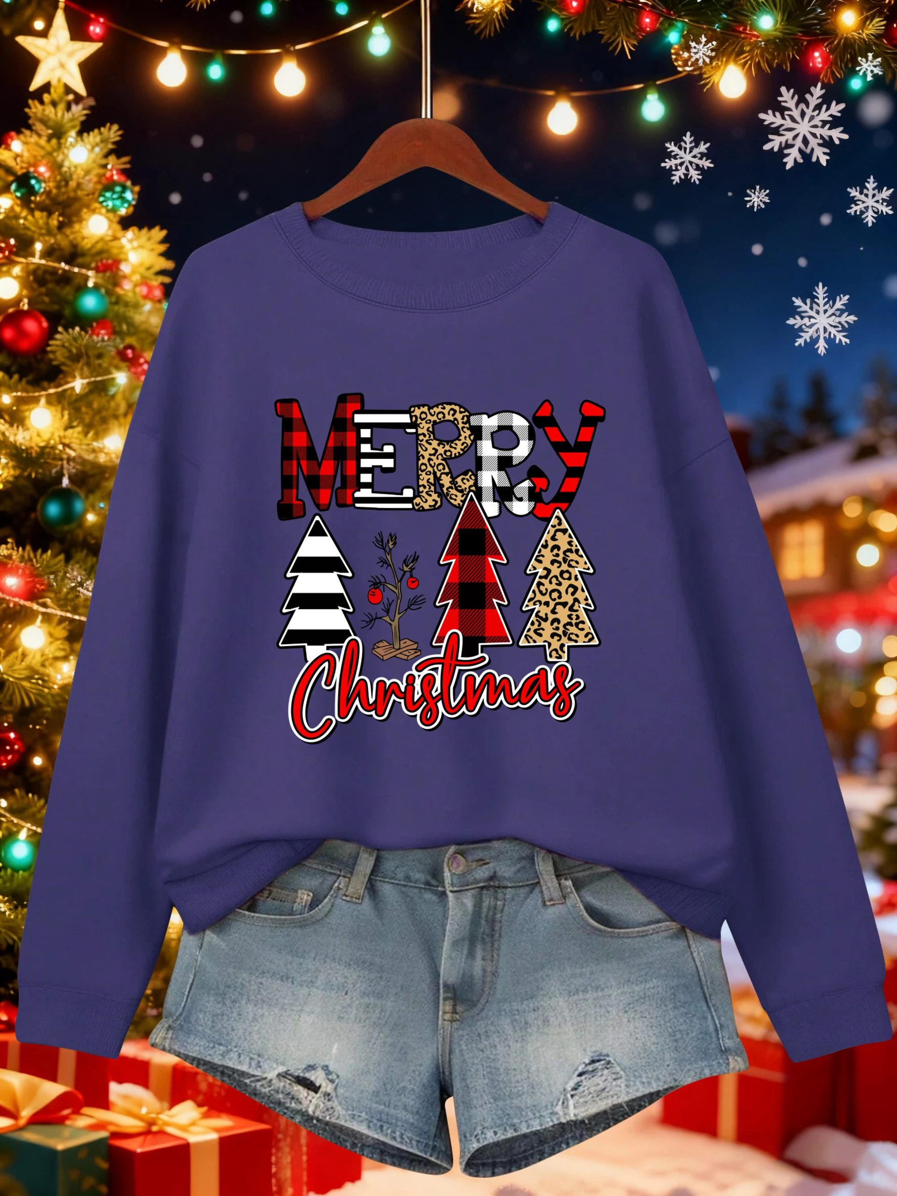 Frohe Weihnachten Glückliche Bäume Muster Frauen Sweatshirt Fleece Crewneck Kleidung All-Match Streetwear Lose Mehrfarbige Pullover