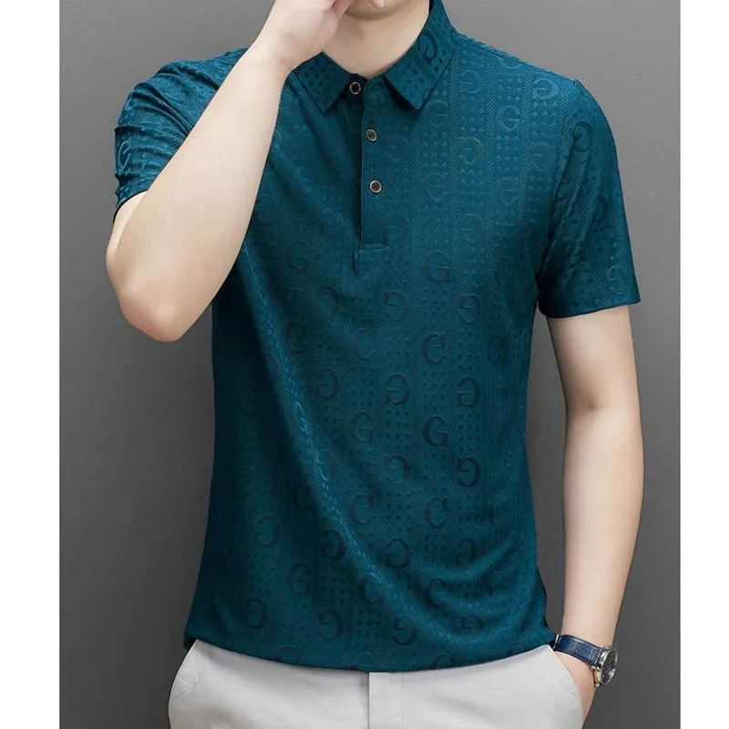 Business Casual Trend Solid Color Letter Polo-Neck T-shirt Summer Korean Button Spliced All-match Short Sleeve Tops Male Clothe