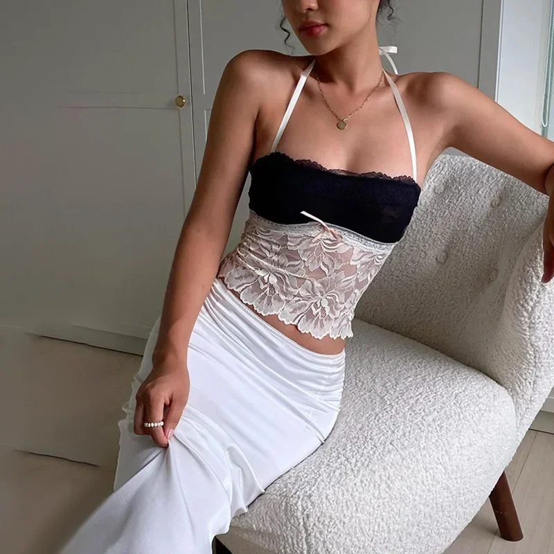 

White Black Lace Tube Top Women Halter Backless Crop Top Summer Sexy See Through Night Club Cami Tops With Bow