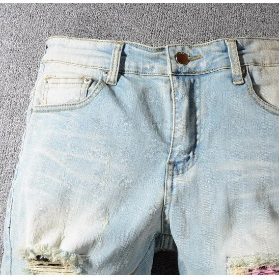 Picture 5: Y2K Blue Pink Bandana Patchwork Jeans Vintage Ripped Hip Hop Micro Elastic Jeans Gothic Harajuku Men Women Slim Pencil Pants