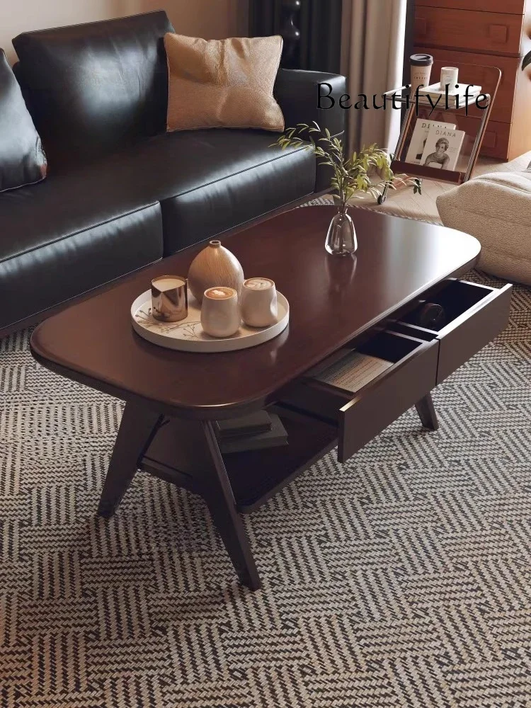 6 طاولة القهوة الخشبية الصلبة الشمال العتيقة طاولة استخراج مزدوجة غرفة المعيشة طاولة شاي بسيطة مع درج أثاث غرفة التخزين