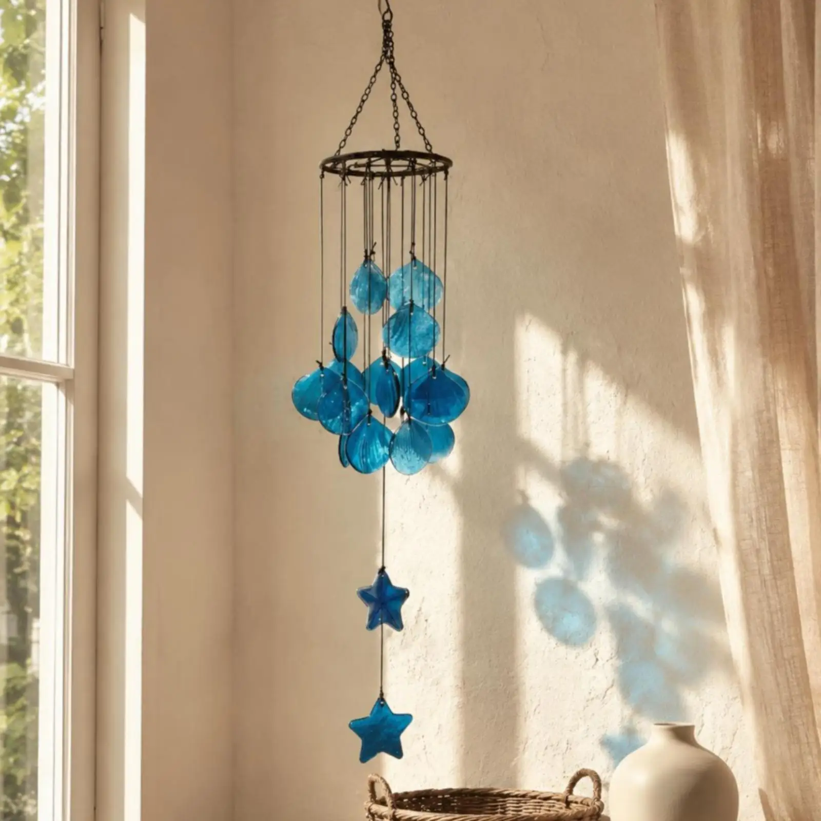 Handcrafted Shell Wind Chime Metal Glass Hanging Ornament for Outdoor Patio Balcony Decor