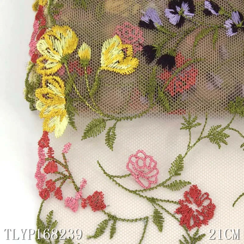1Yard 21cm Width Embroidered Net Colorful Flower Mesh Tulle Lace Fabric DIY Handmade Skirt Women Clothing Accessories