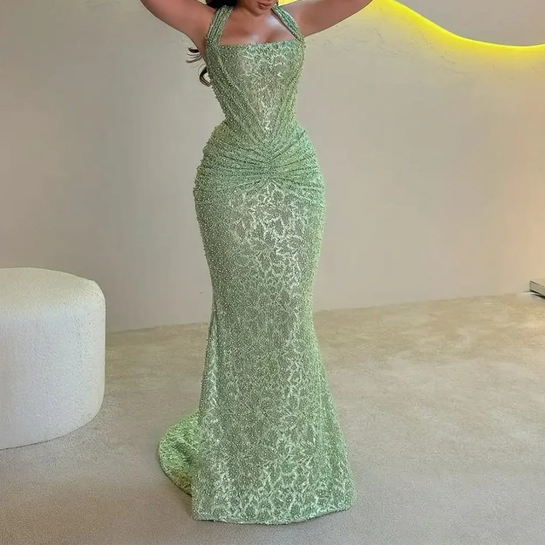 

Mermaid Party Prom Gowns Beading Sequined Halter Evening Prom Dresses Green Charming Evening Dresses Mermaid Dress Customized