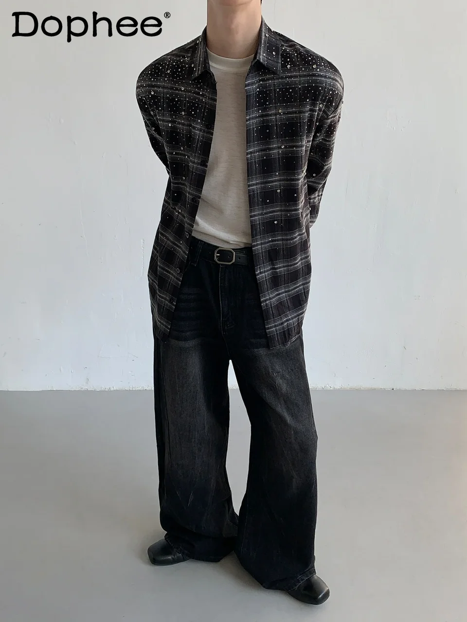 

2025 Autumn New Starry Heavy Rhinestone Plaid Shirt Handsome Men's Casual Loose Long Sleeve Shirt Jacket